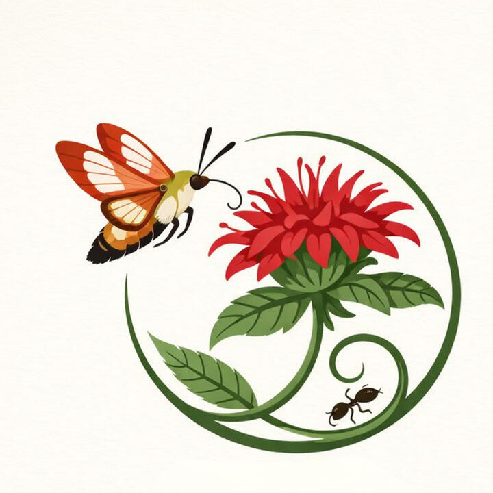 Logo Logo Ottawa Native Plants Hummingbird Moth Pollinating a Scarlet Bee Balm Monarda Didyma.